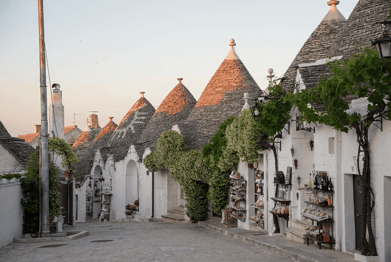 Street in Alberobello lined with white trulli