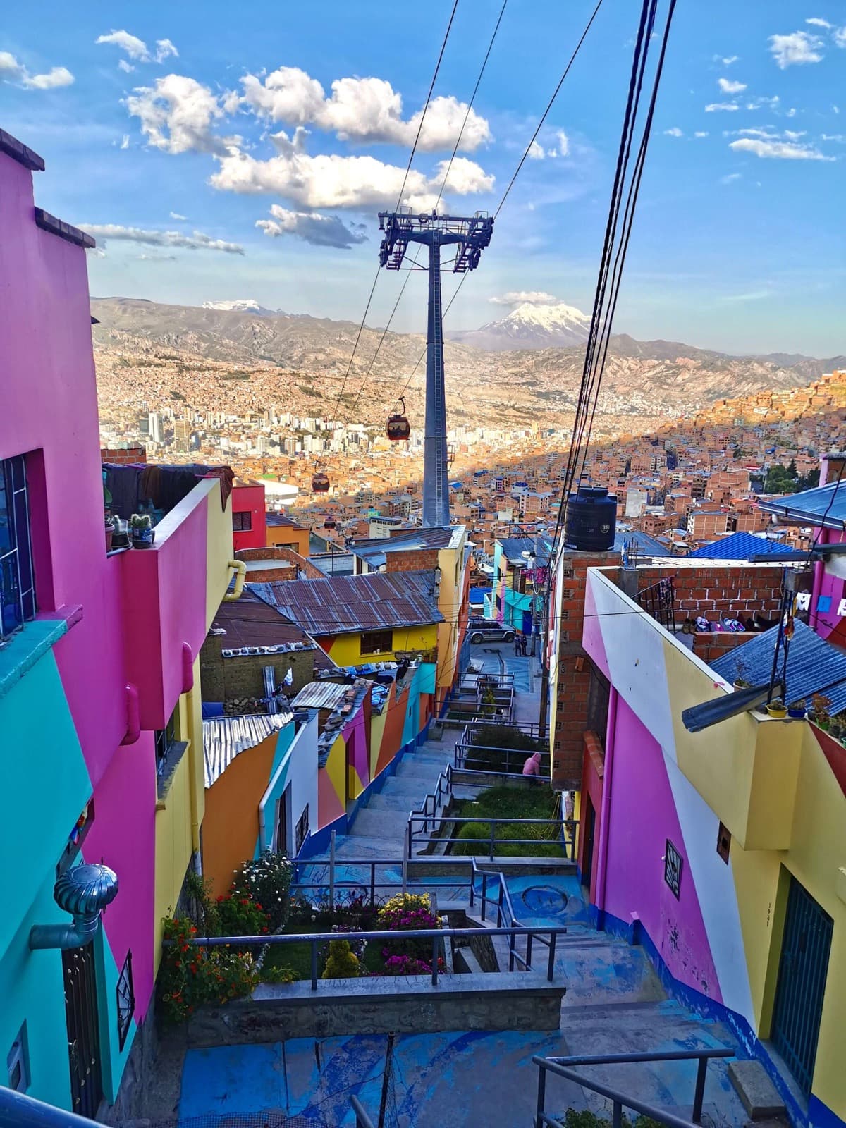 Colourful houses and cable car overlooking La Paz with a snow-capped mountain in the background