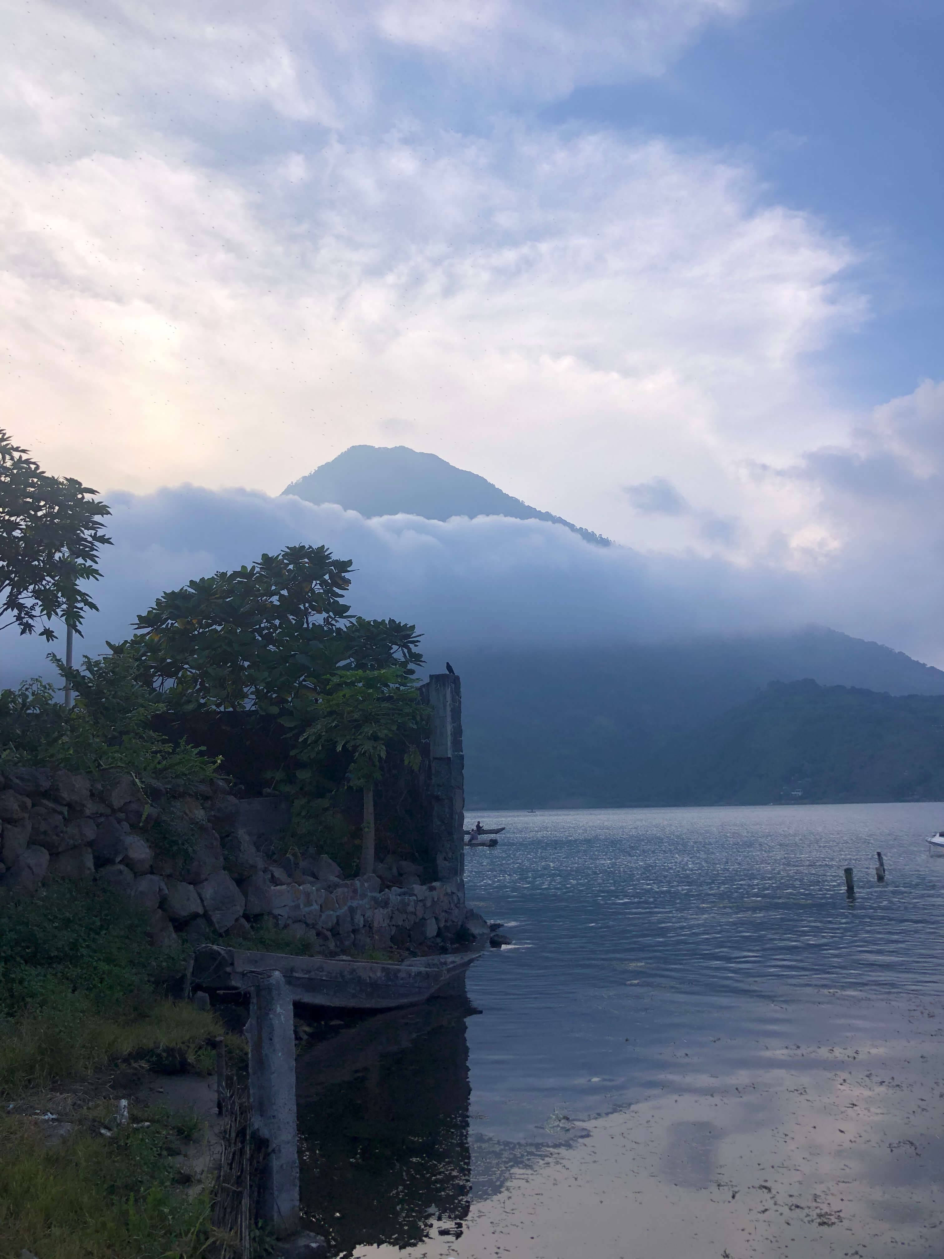 View of Lake Atitlan surrounded by volcanoes in Guatemala
