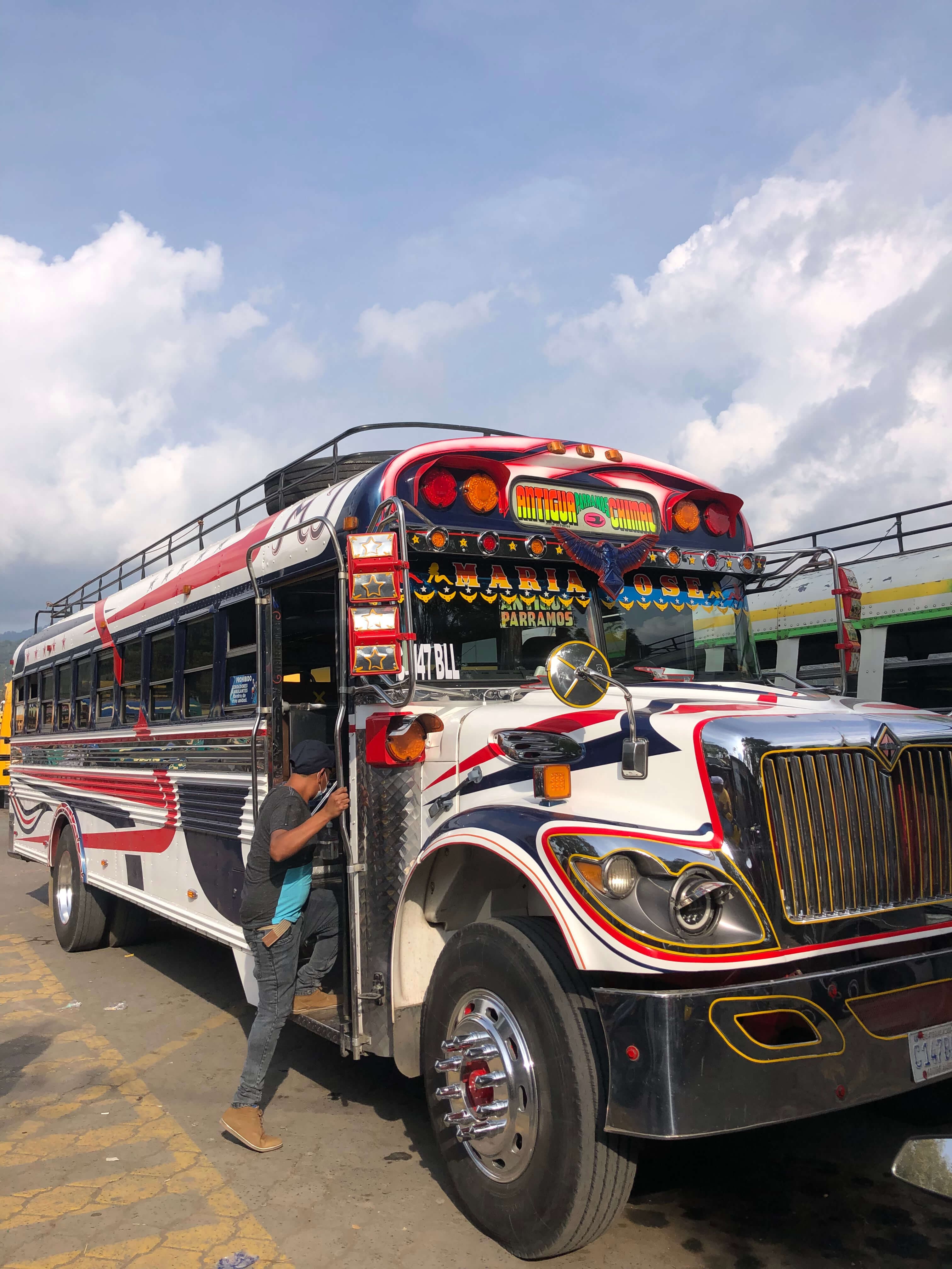 Colourful Guatemalan bus in a lively street
