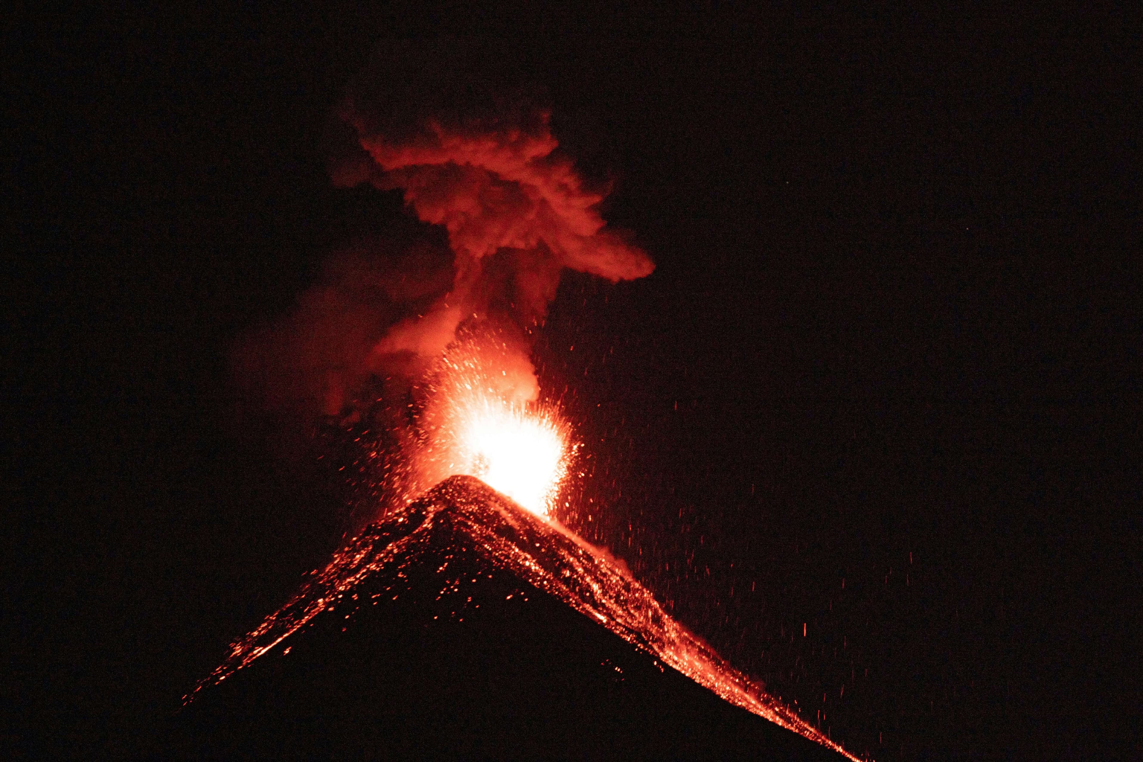 Night eruption of Fuego volcano seen from Acatenango in Guatemala