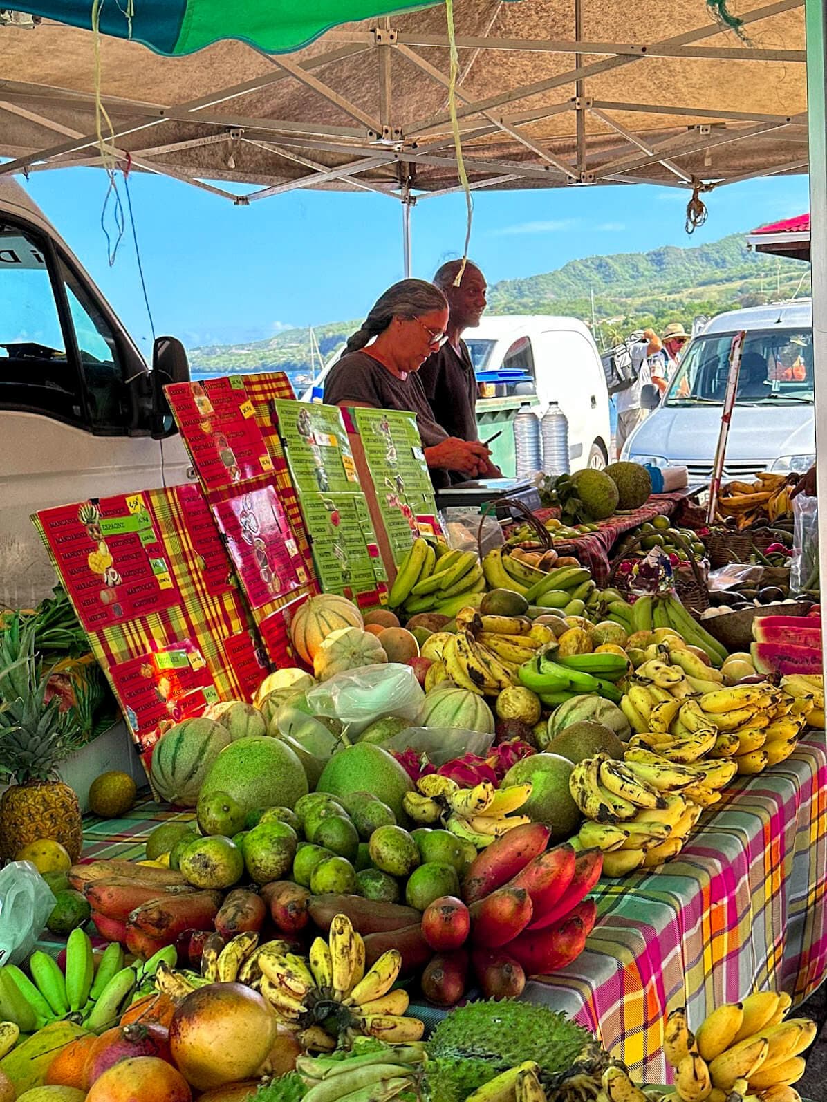 Colorful local Martinique market stall with fruit and vendors