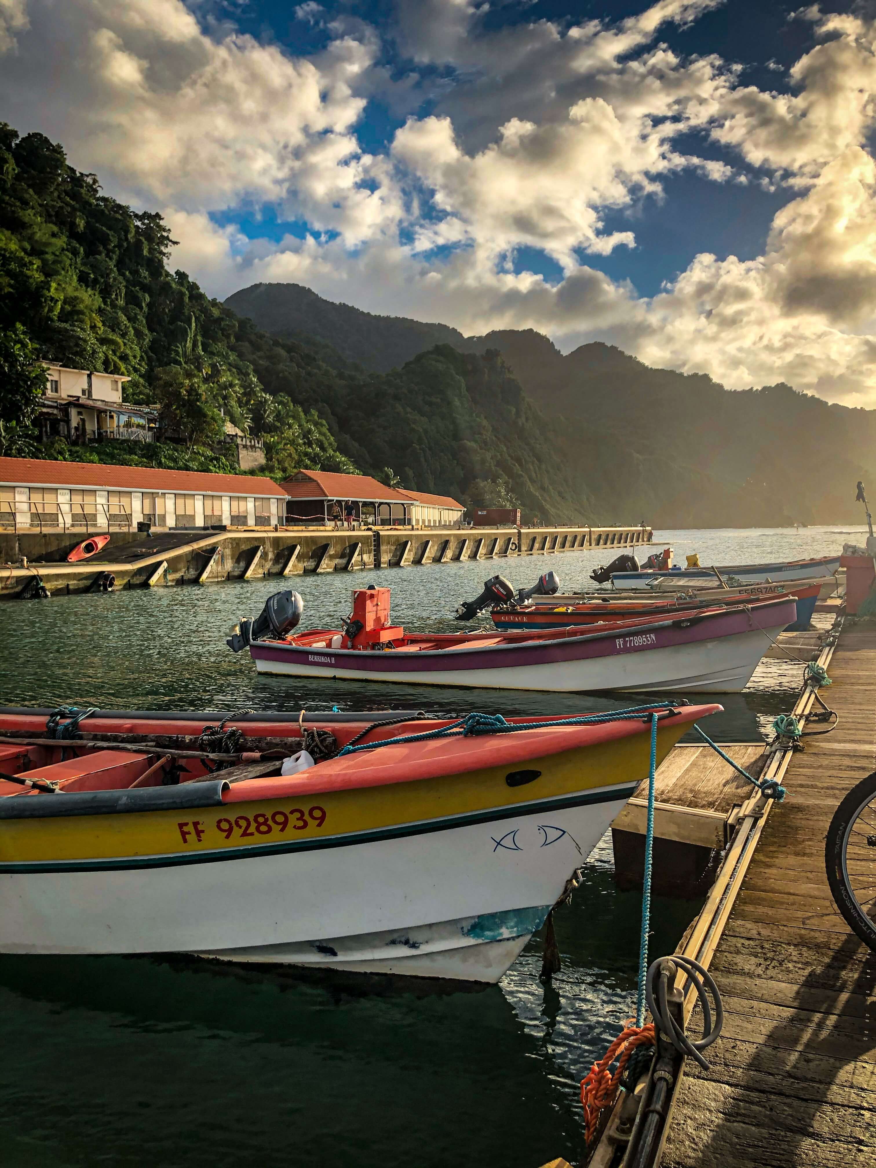 Colorful fishing boats at sunset