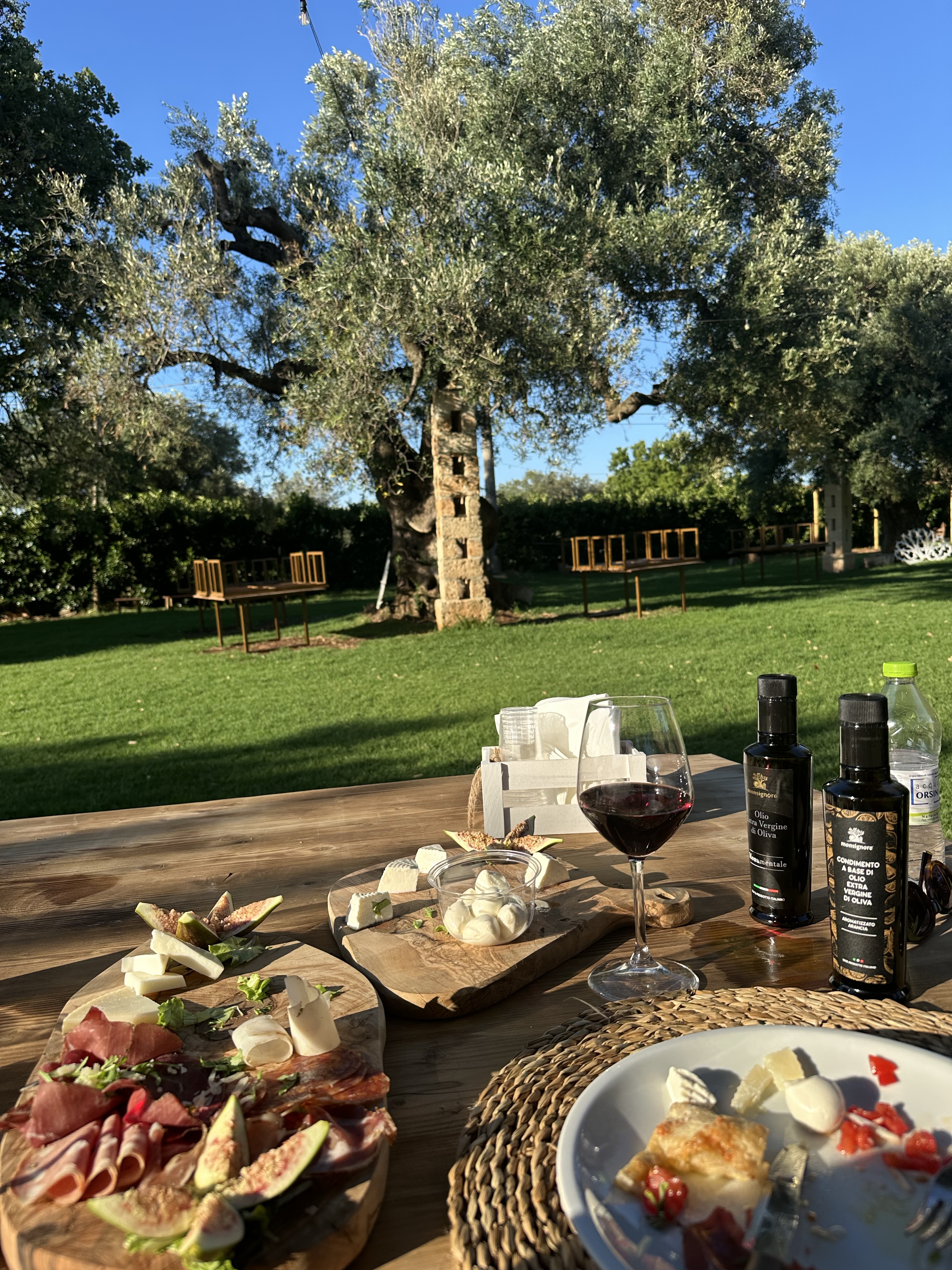 Table italienne avec antipasti, vin rouge et bouteilles d’huile d’olive dans les Pouilles