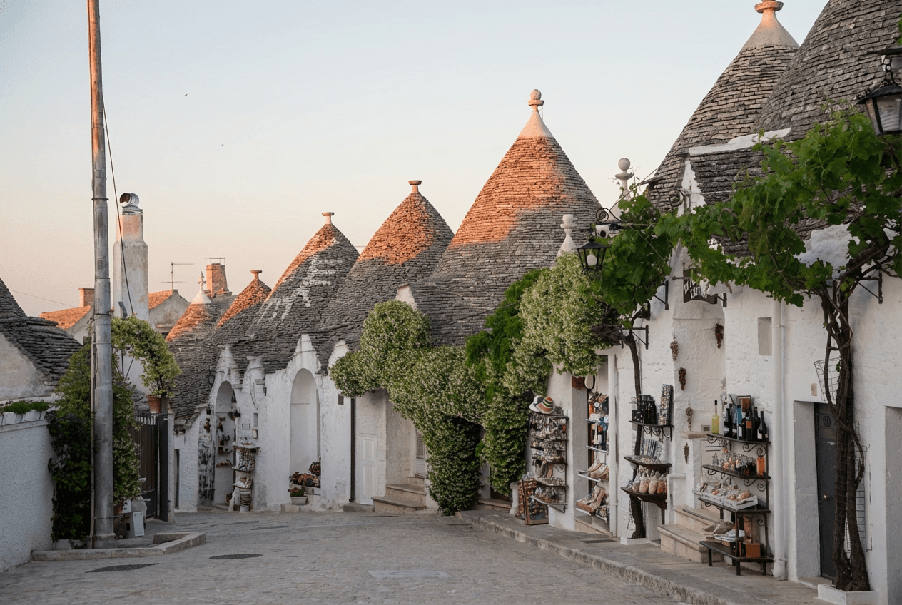 Ruelle d’Alberobello bordée de trulli blancs