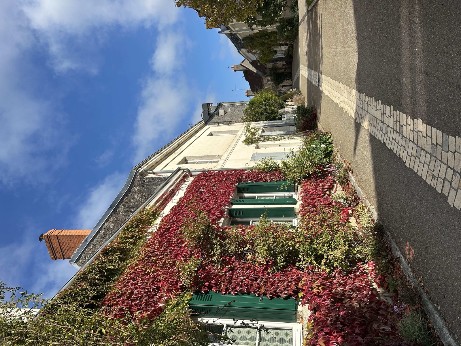 Ruelle fleurie du village de Chédigny avec une maison couverte de vigne vierge rouge à l'automne