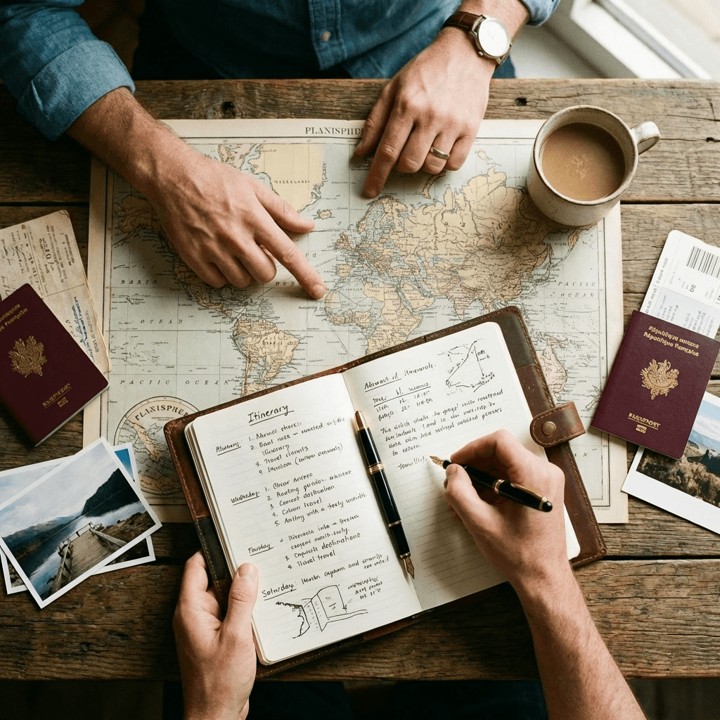 Préparation d'un voyage sur mesure avec carnet et carte du monde