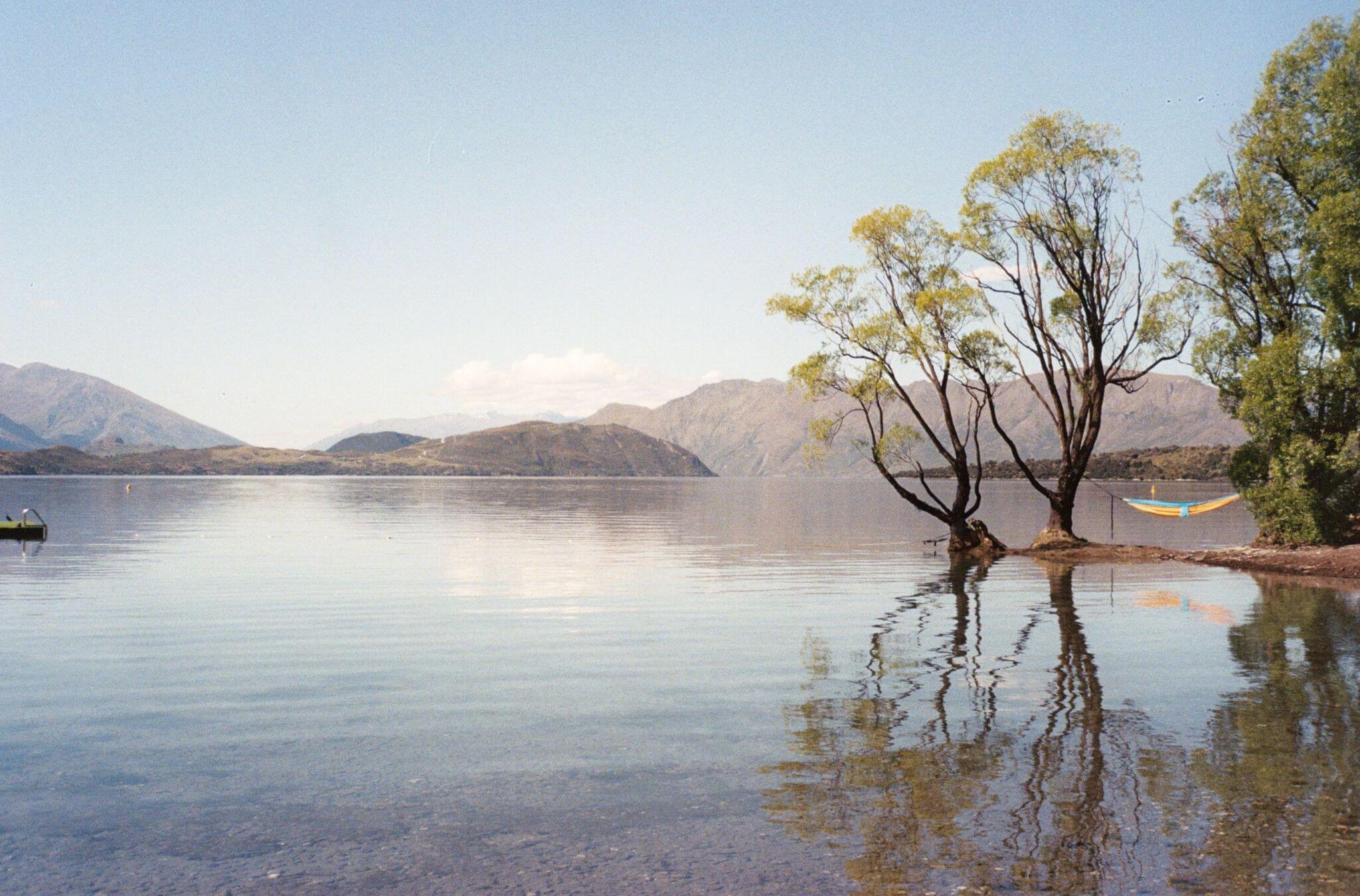 Lac paisible avec arbres et montagnes